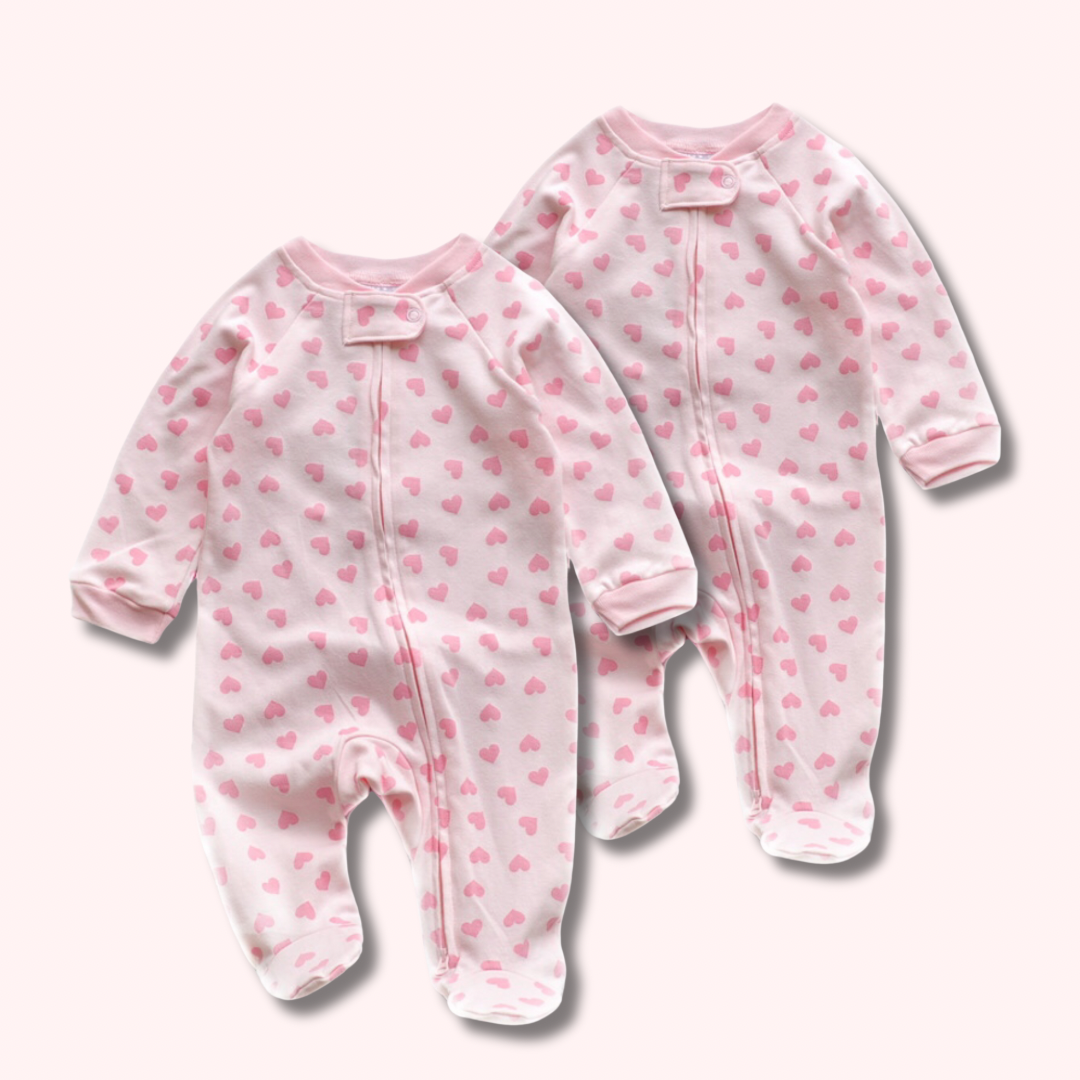 Twin Pack Pink Heart Print Zipped Babygrow